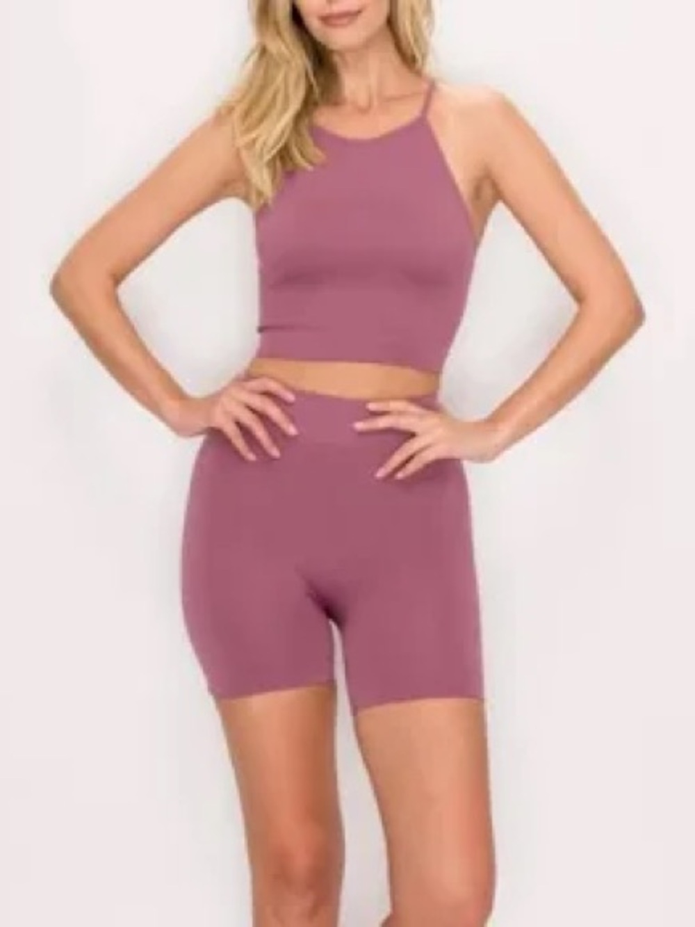 Aura Ribbed Tank Top and High Waist Biker Shorts Set in Pink Purple Size S/M